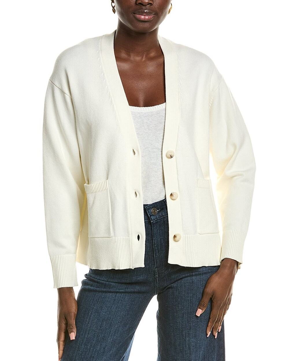 Reiss Harper Ivory Button Knit Cardigan Sweater Minimalist Patch Pocket Sz Small